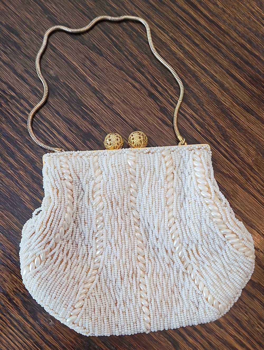 Vintage Beaded Pearl Evening Purse Ivory Gold Clasp Small